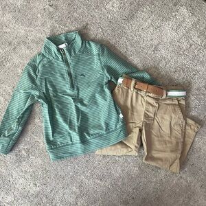 Tommy Bahama Mint Green Striped Quarter-Zip Pullover with Khaki Pants and belt